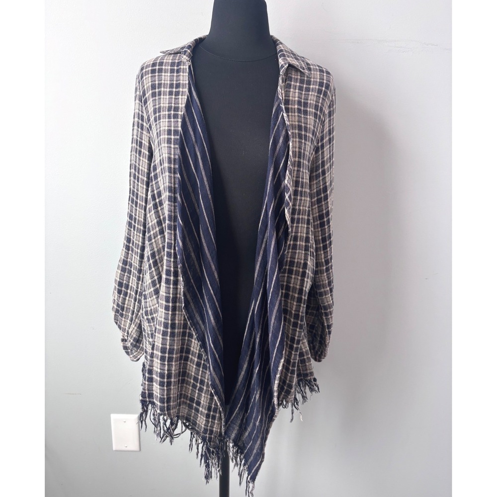 Hem & Thread Plaid Open‎ Front Cardigan Fringe Long Sleeve Shirt Top Womens S
